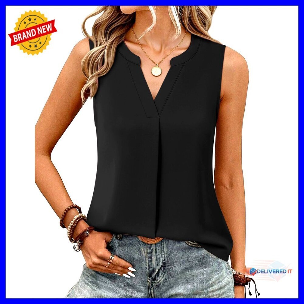 Chiffon V Neck Sleeveless Blouse Elegant Office Work Shirt Silky Smooth